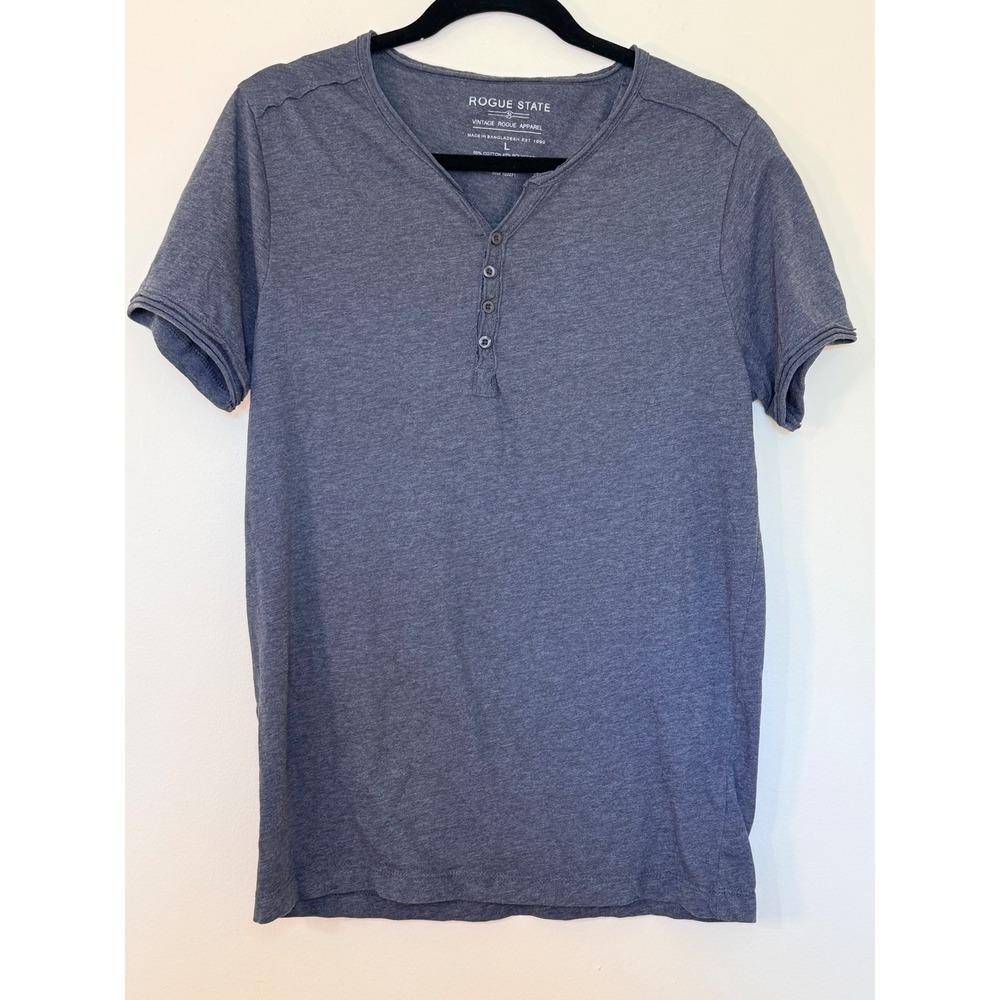 Rogue State Mens Heather Blue Henley Short Sleeve Slim Fit Shirt Large